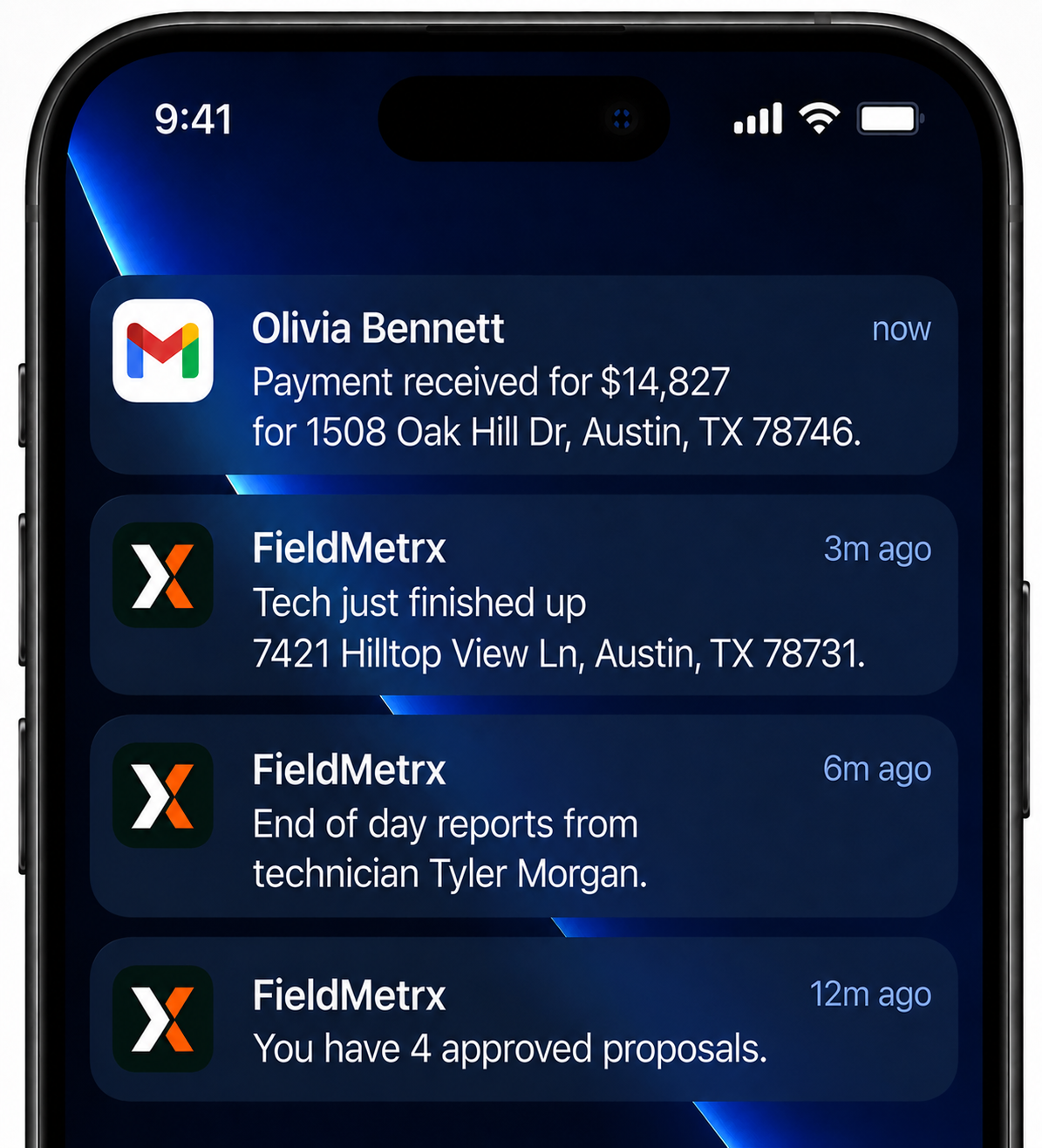 FieldMetrx phone notifications: payment received, tech finished the job, end-of-day reports, and approved proposals